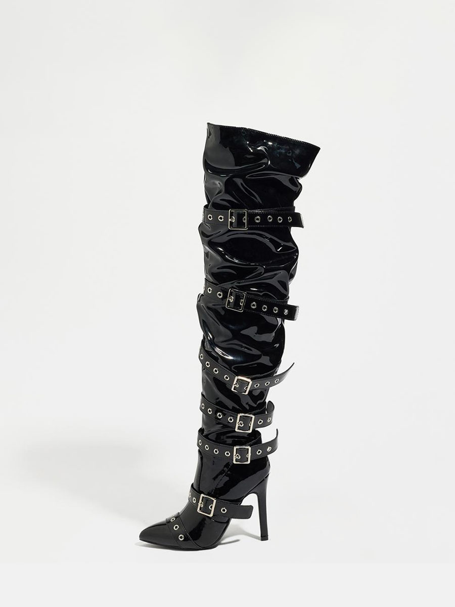Women’s Black Patent Satin Pointed Toe Buckle Strappy Side Zipper Stiletto Heels Over the Knee Boots