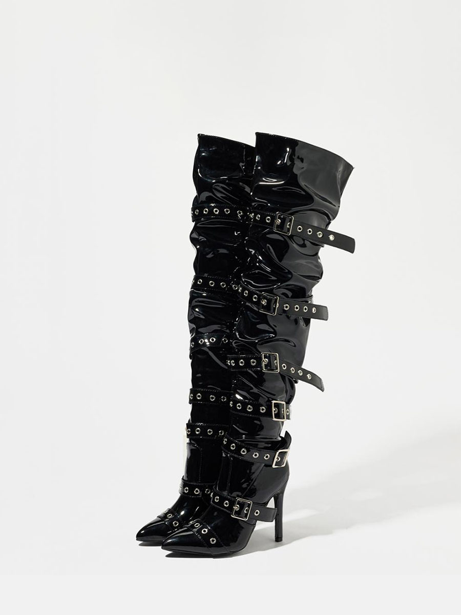 Women’s Black Patent Satin Pointed Toe Buckle Strappy Side Zipper Stiletto Heels Over the Knee Boots (2)