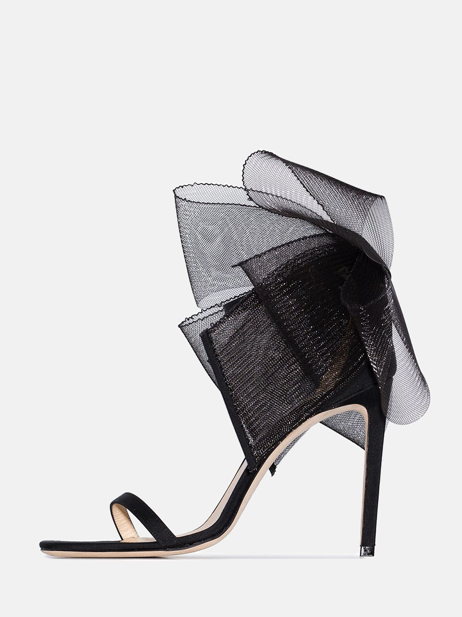Women’s Black Satin Ankle Strap Stiletto Heels Sandals with Large Mesh Bows