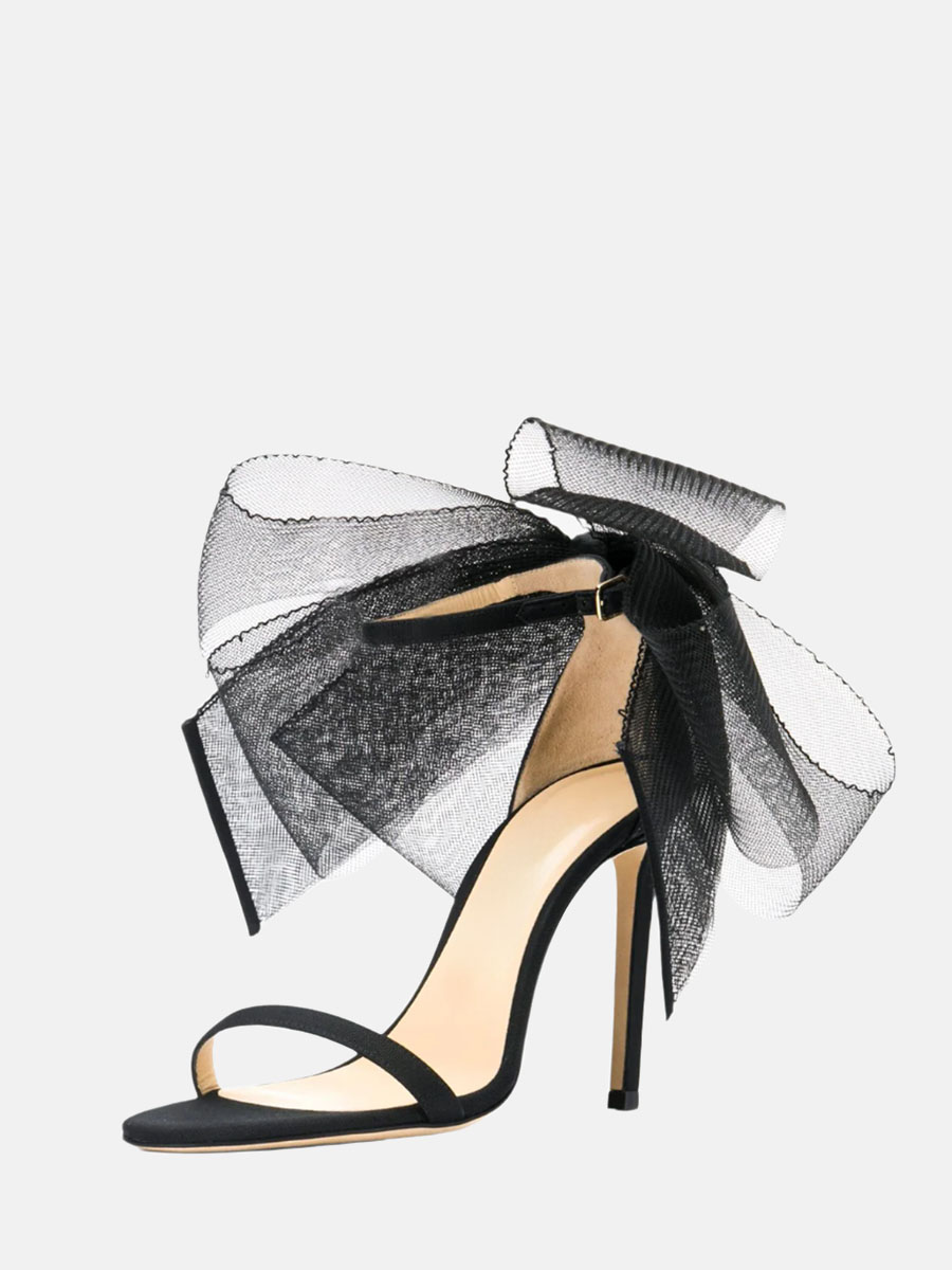 Women’s Black Satin Ankle Strap Stiletto Heels Sandals with Large Mesh Bows (2)