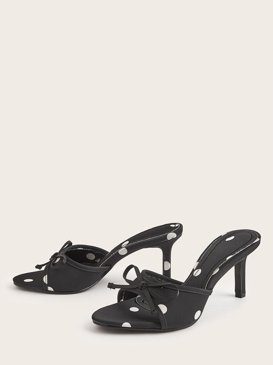 Women’s Black Satin Bow Knot Polka Dot Stiletto Heels Open Toe Mules (2)