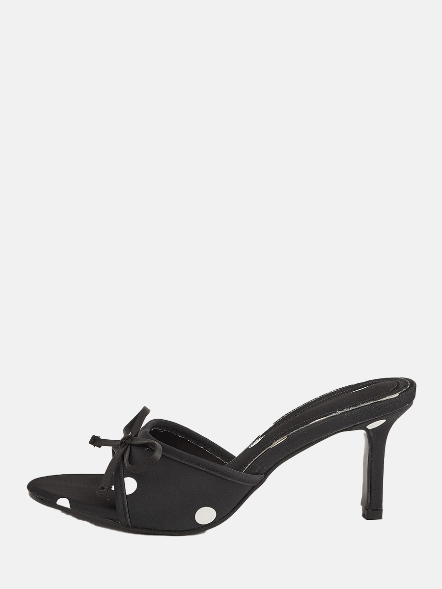 Women’s Black Satin Bow Knot Polka Dot Stiletto Heels Open Toe Mules