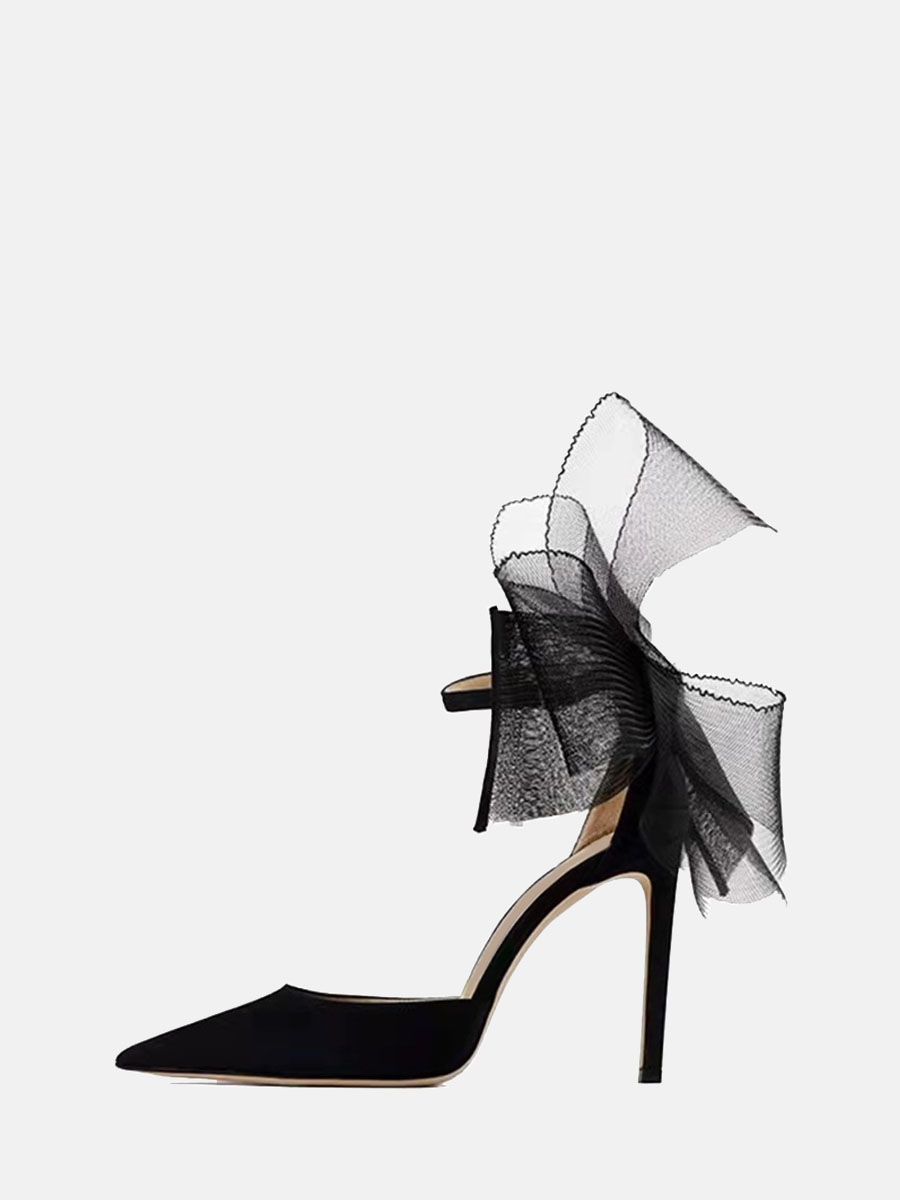 Women’s Black Satin Pointed Toe Ankle Strap Buckle Stiletto Heels Large Mesh Bow Pumps