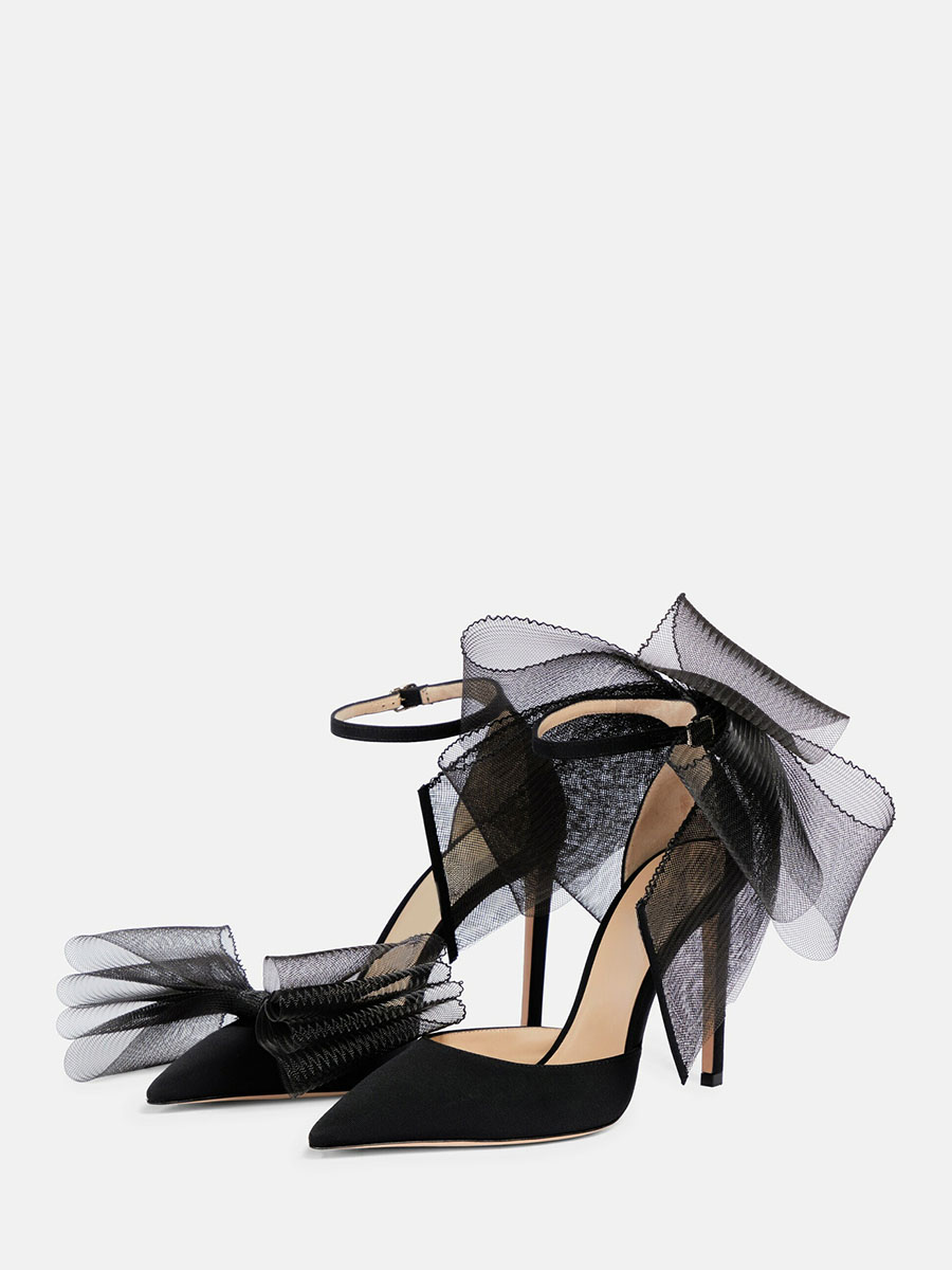 Women’s Black Satin Pointed Toe Ankle Strap Buckle Stiletto Heels Large Mesh Bow Pumps (3)