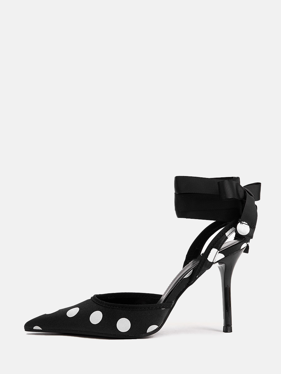 Women’s Black Satin Polka Dot Strappy Slingback Pointed Toe Stiletto Heels