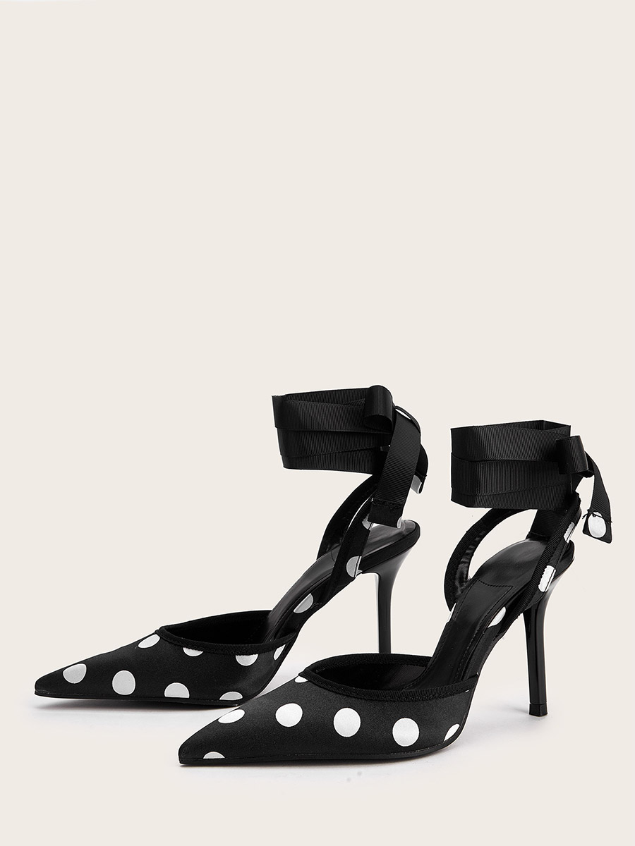 Women’s Black Satin Polka Dot Strappy Slingback Pointed Toe Stiletto Heels (2)
