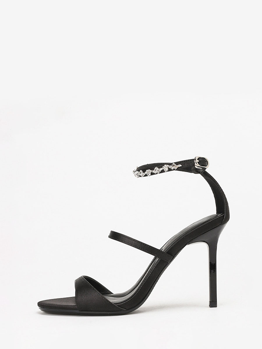 Women’s Black Satin Rhinestone Ankle Strap Stiletto Heels Sandals