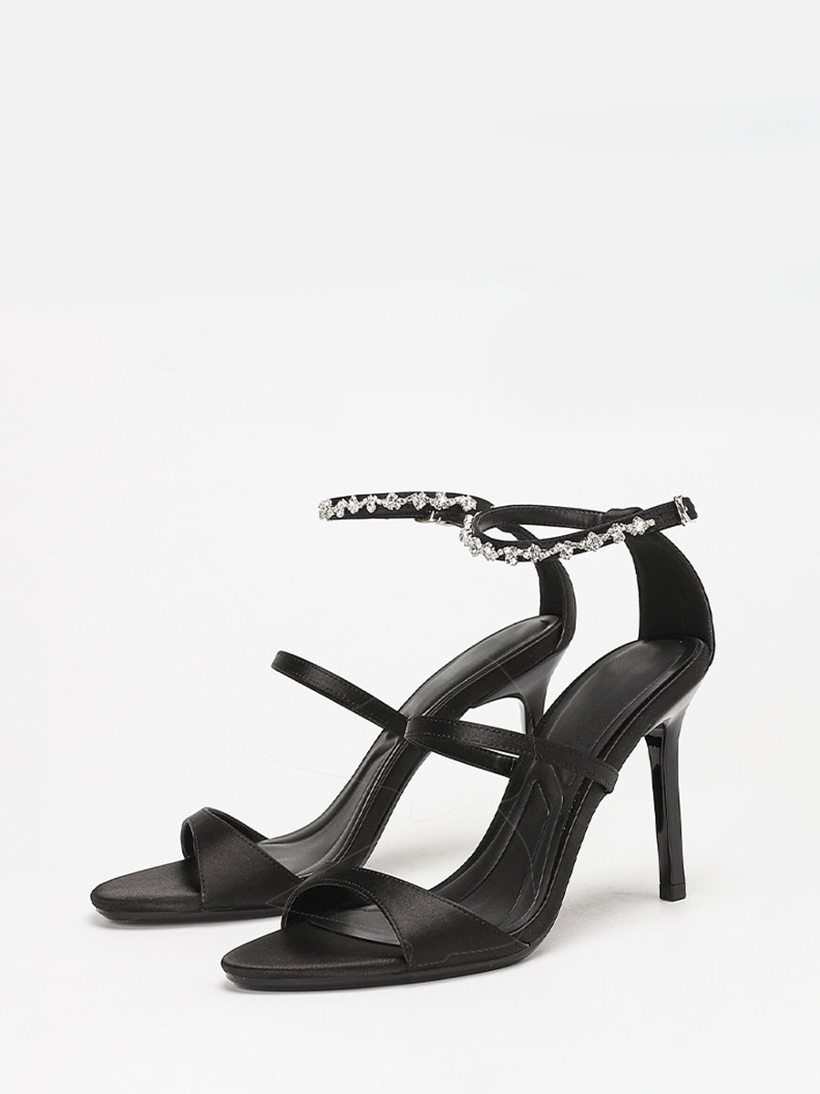 Women’s Black Satin Rhinestone Ankle Strap Stiletto Heels Sandals (3)