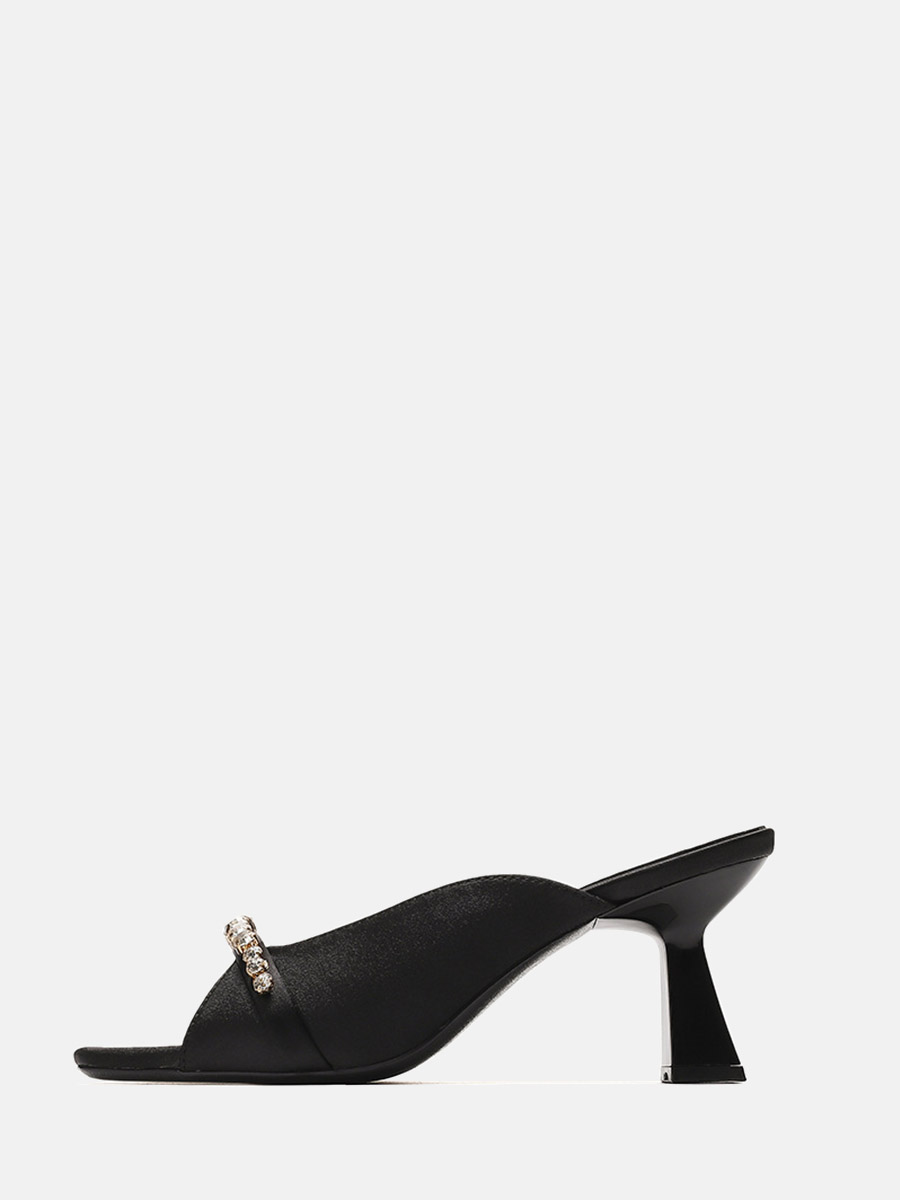 Women’s Black Satin Rhinestone Strap Square Toe Spool Heels Mule Sandals