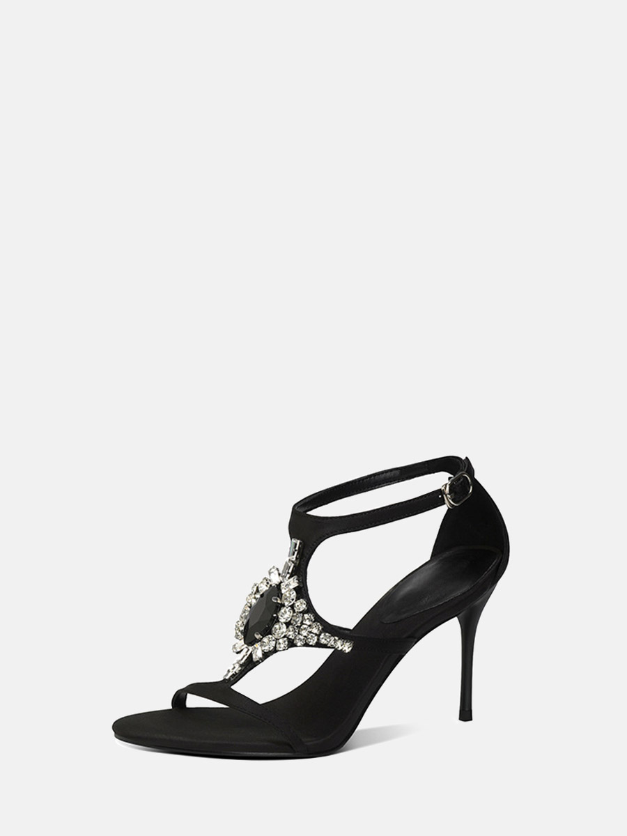 Women’s Black Satin Rhinestone T-Strap Buckle Stiletto Heels Sandals