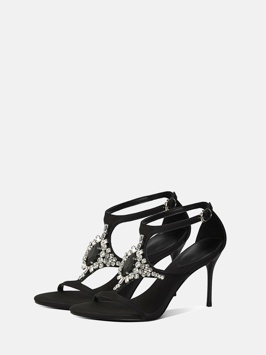 Women’s Black Satin Rhinestone T-Strap Buckle Stiletto Heels Sandals (2)