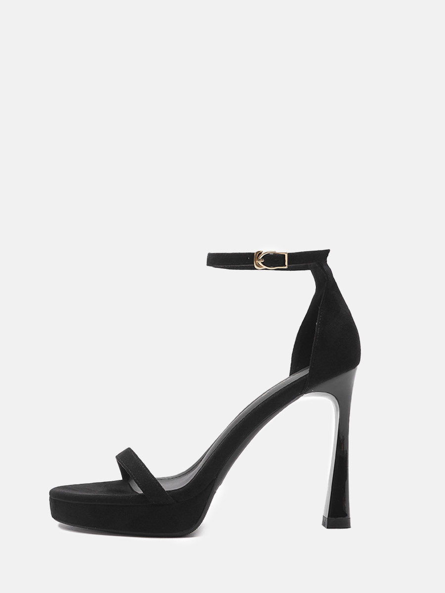 Women’s Black Suede Ankle Strap Buckle Round Toe Platform Stiletto Heels Sandals