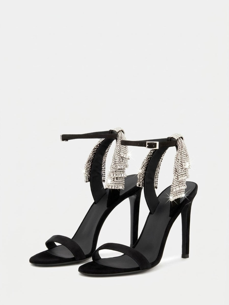 Women’s Black Suede Ankle Strap Open Toe Rhinestones Tassel Stiletto Heels Sandals