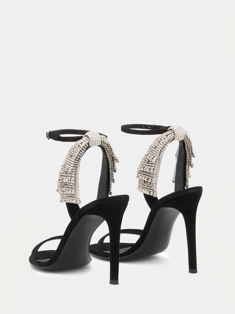 Women’s Black Suede Ankle Strap Open Toe Rhinestones Tassel Stiletto Heels Sandals (3)