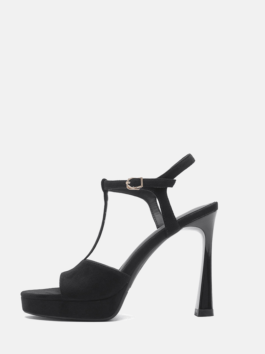 Women’s Black Suede T-Strap Buckle Platform Stiletto Round Toe Heels Sandals
