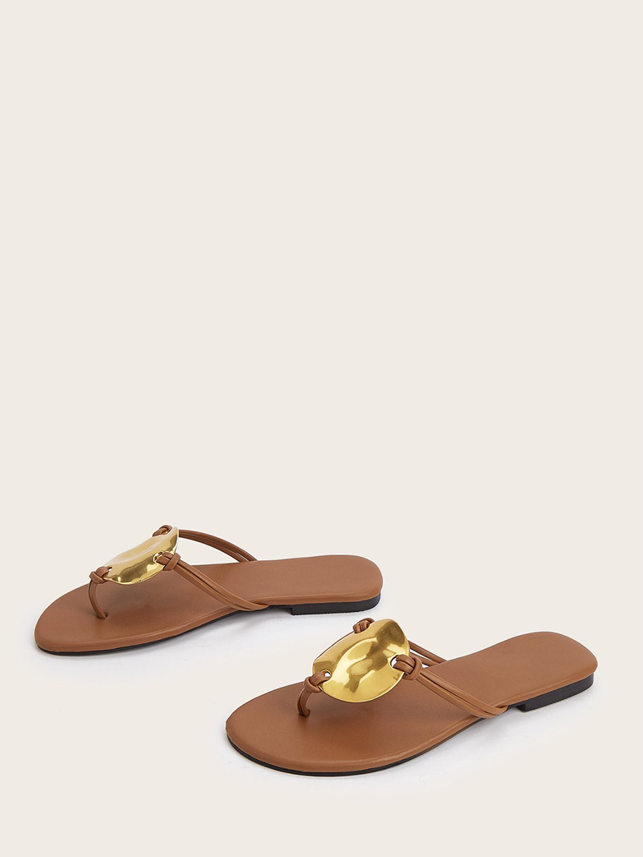 Women’s Brown Microfiber Metal Detail Flat Heels Flip-Flops Sandals (2)
