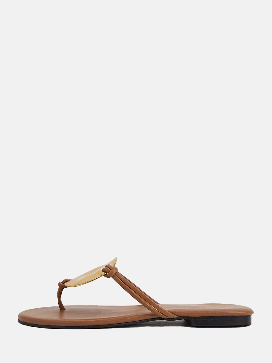 Women’s Brown Microfiber Metal Detail Flat Heels Flip-Flops Sandals