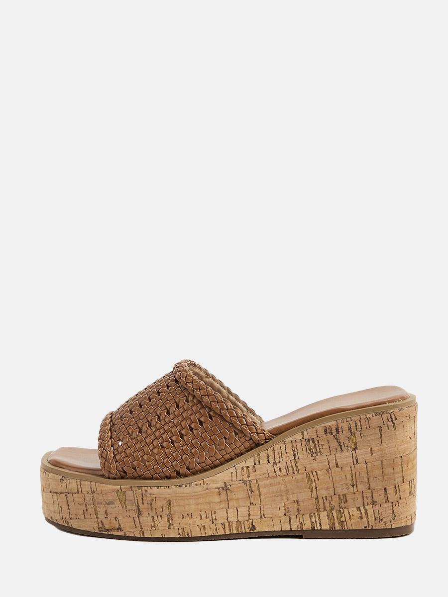 Women’s Brown Woven Canvas Open Toe Slide Platform Wedge Sandals