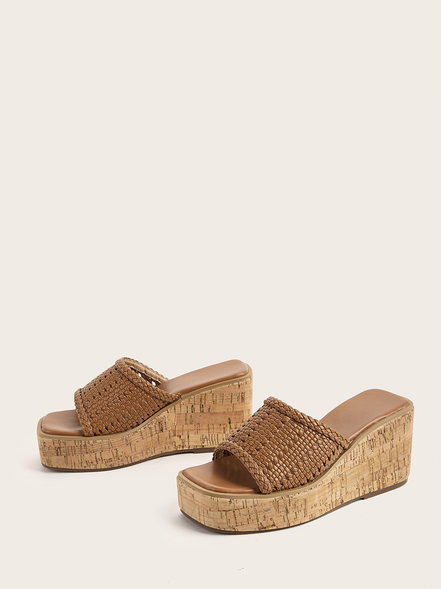 Women’s Brown Woven Canvas Open Toe Slide Platform Wedge Sandals (2)