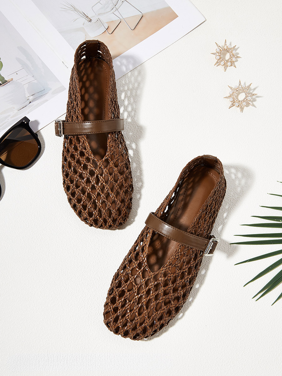 Women’s Brown Woven PU Buckle Cut-out Mary Jane Ballet Flats (6)