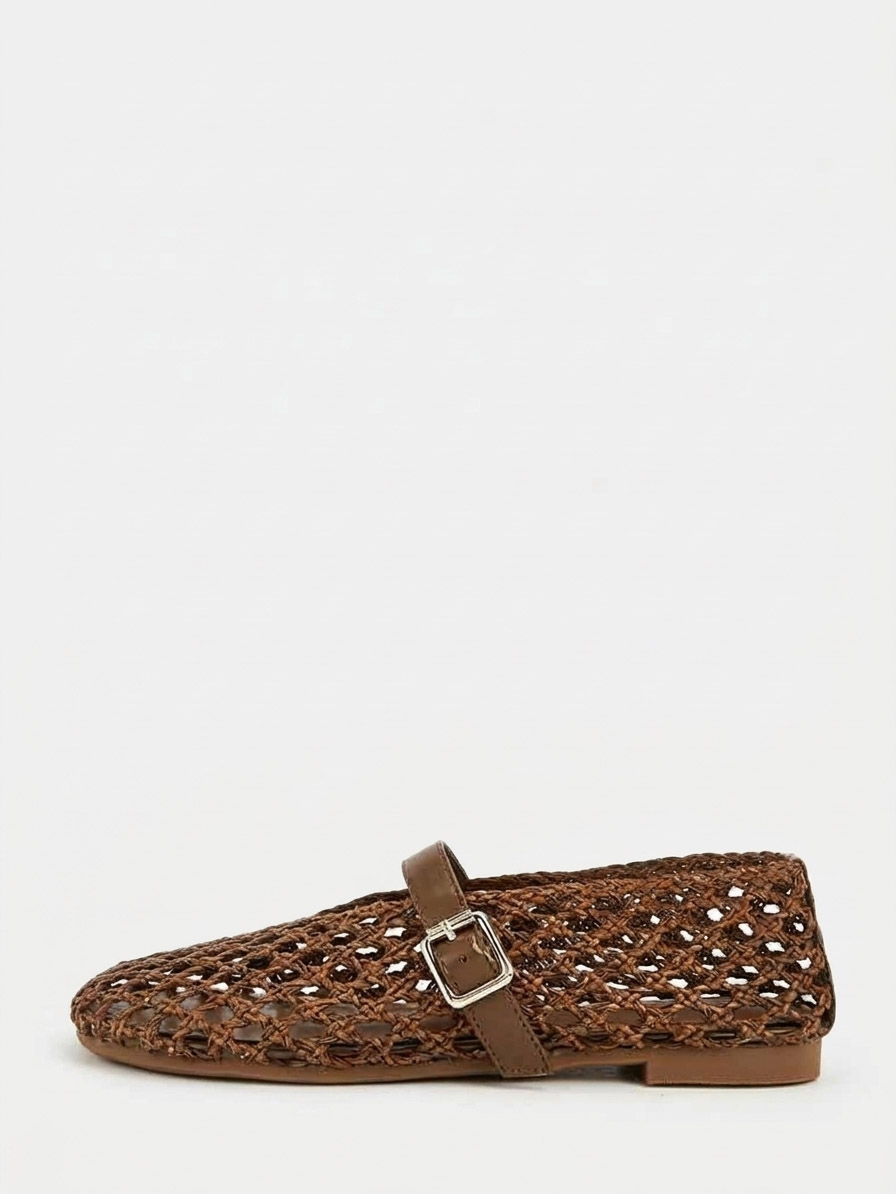 Women’s Brown Woven PU Buckle Cut-out Mary Jane Ballet Flats