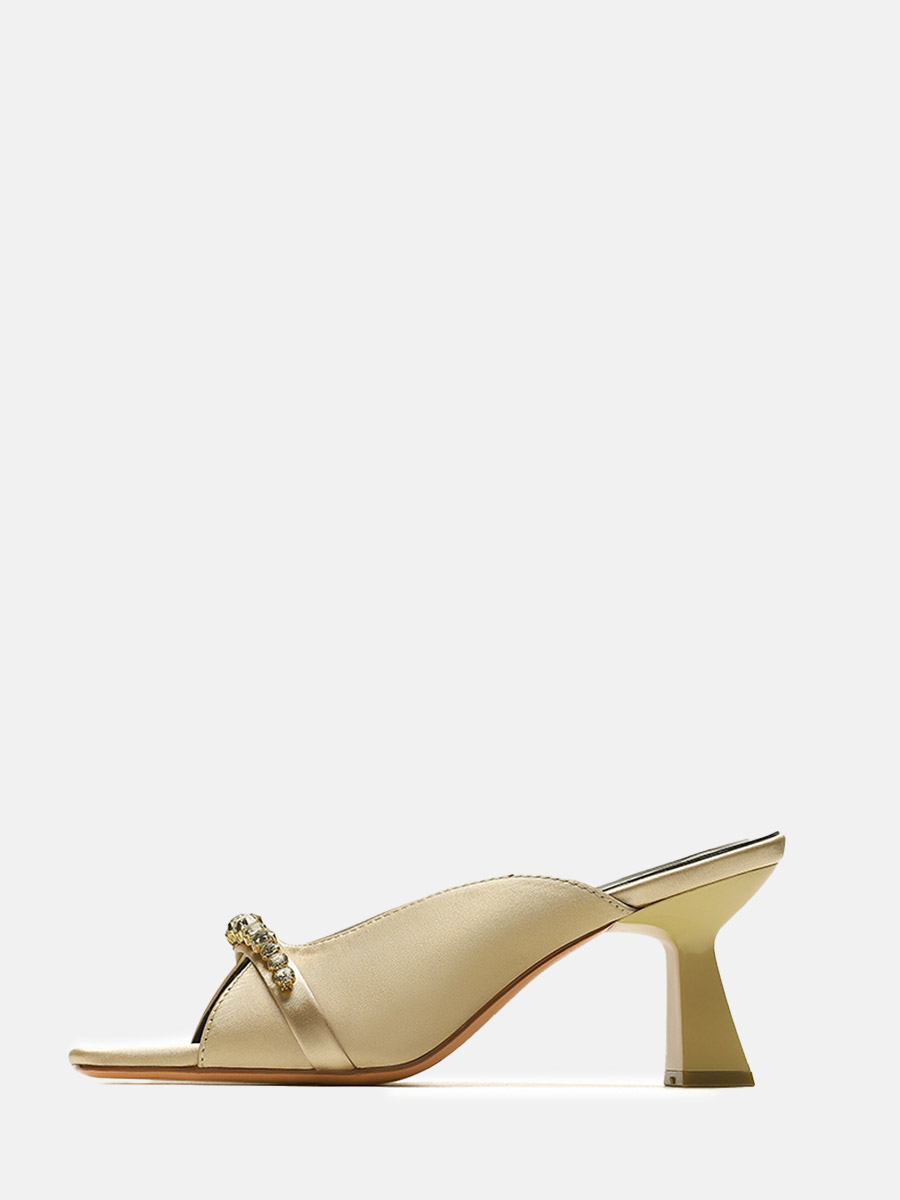 Women’s Champagne Satin Rhinestone Strap Square Toe Spool Heels Mule Sandals