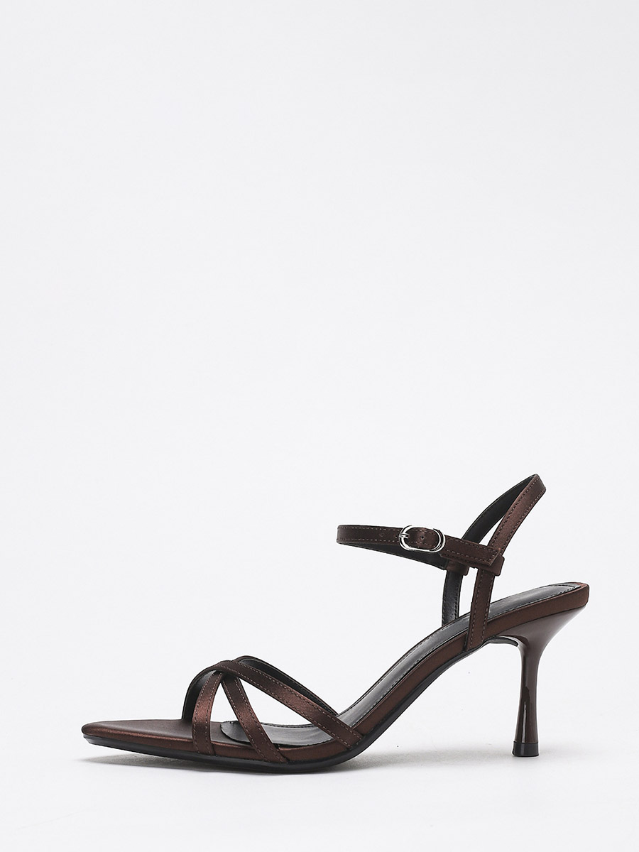 Women’s Coffee Satin Crisscross Ankle Strap Buckle Pointed Toe Stiletto Heels Sandals