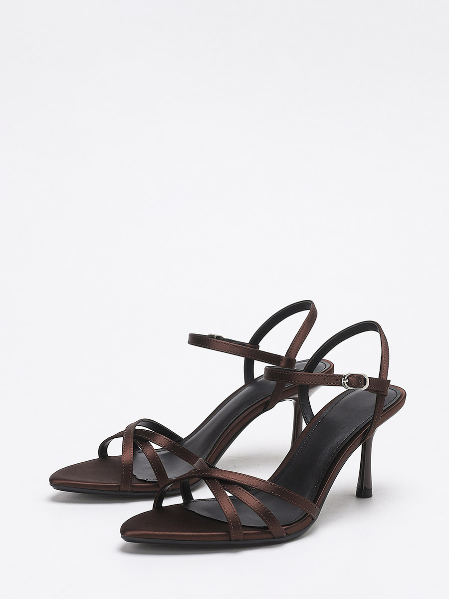 Women’s Coffee Satin Crisscross Ankle Strap Buckle Pointed Toe Stiletto Heels Sandals (2)