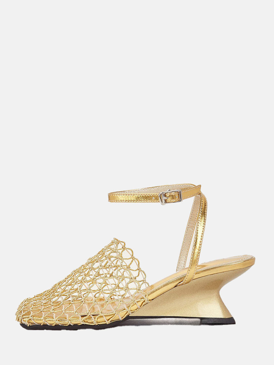 Women’s Gold Mesh Buckle Ankle Strap Square Toe Cut-Out Sculptural Wedge Heels Sandals
