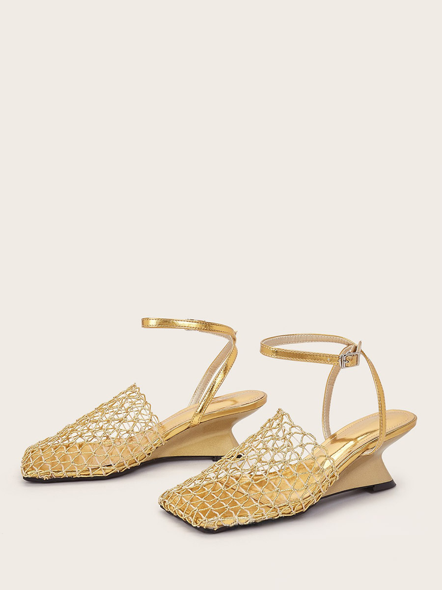 Women’s Gold Mesh Buckle Ankle Strap Square Toe Cut-Out Sculptural Wedge Heels Sandals (2)