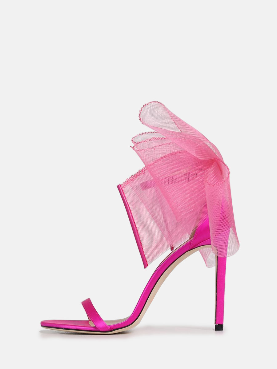 Women’s Hot Pink Satin Ankle Strap Stiletto Heels Sandals with Large Mesh Bows