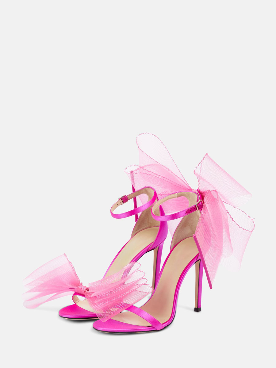 Women’s Hot Pink Satin Ankle Strap Stiletto Heels Sandals with Large Mesh Bow (4)