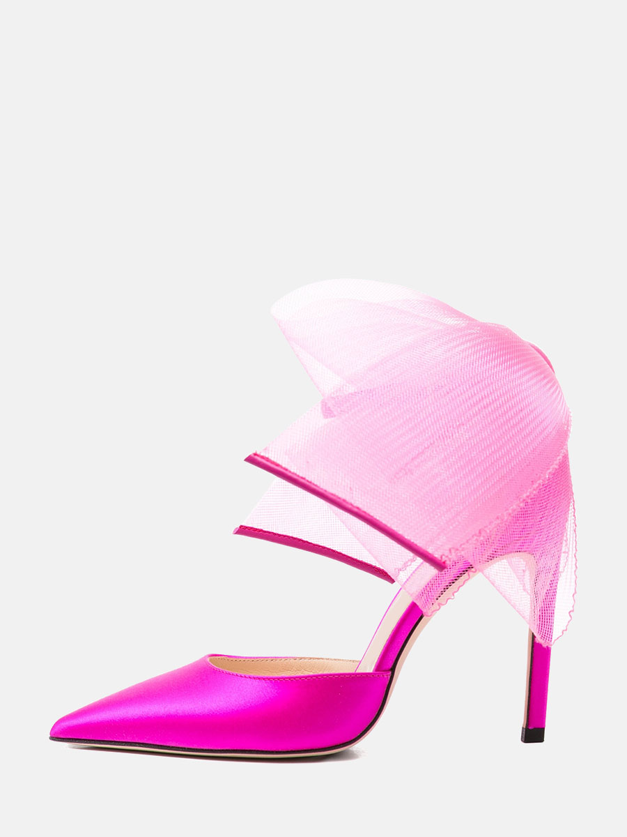 Women’s Hot Pink Satin Pointed Toe Ankle Strap Buckle Stiletto Heels Large Mesh Bow Pumps