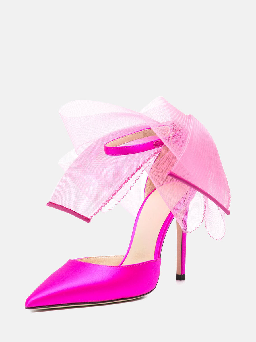 Women’s Hot Pink Satin Pointed Toe Ankle Strap Buckle Stiletto Heels Large Mesh Bow Pumps (2)