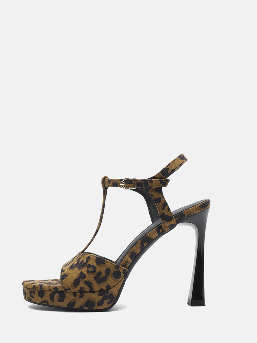 Women’s Leopard Print Suede T-Strap Buckle Platform Stiletto Round Toe Heels Sandals