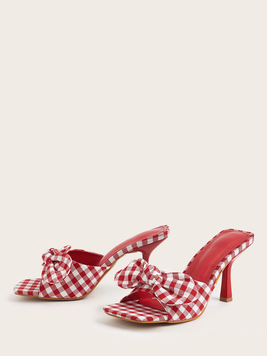 Women’s Linen Bow Knot Checkered Square Toe Stiletto Heels Mule Sandals (2)