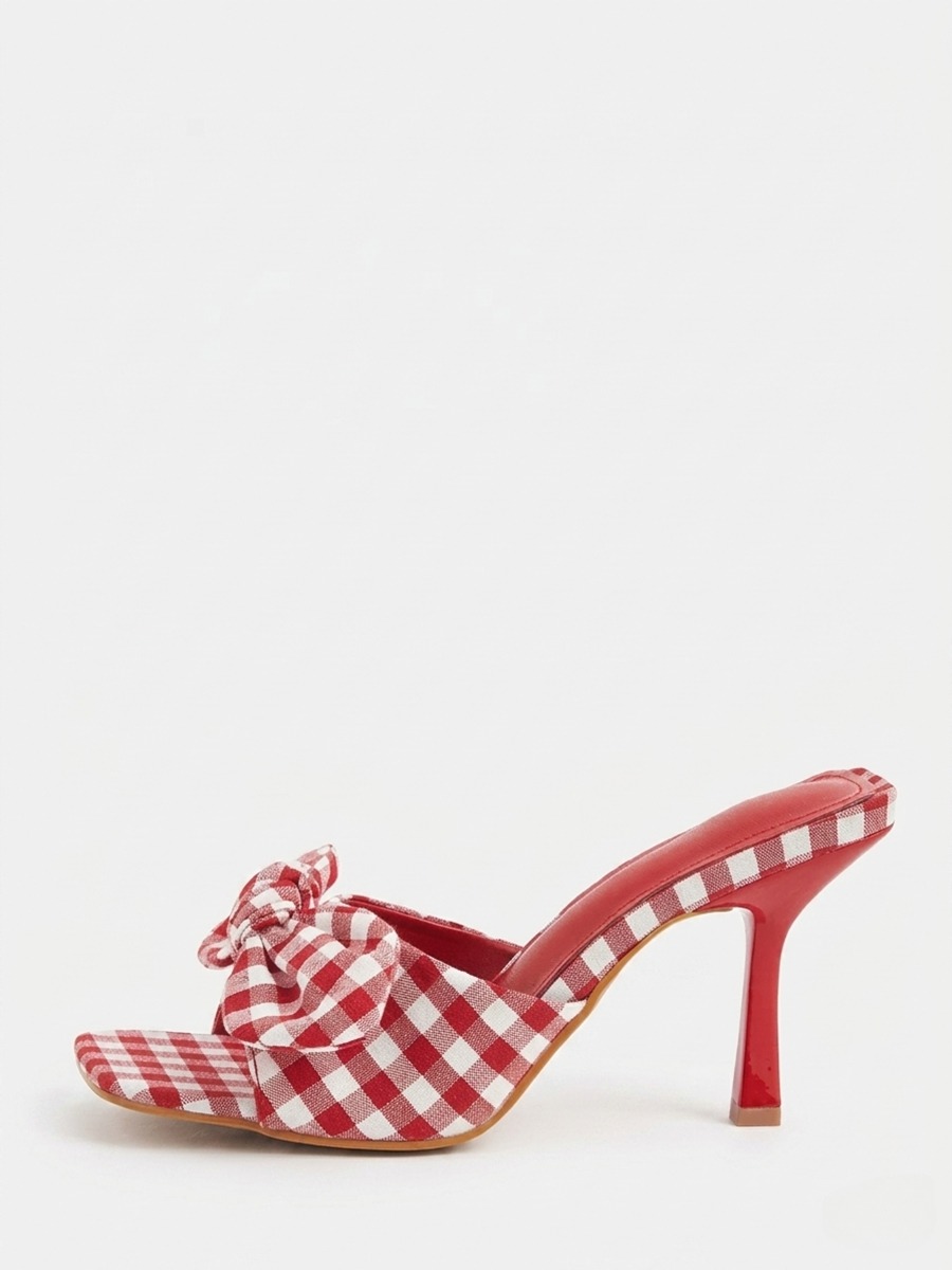 Women’s Linen Bow Knot Checkered Square Toe Stiletto Heels Mule Sandals