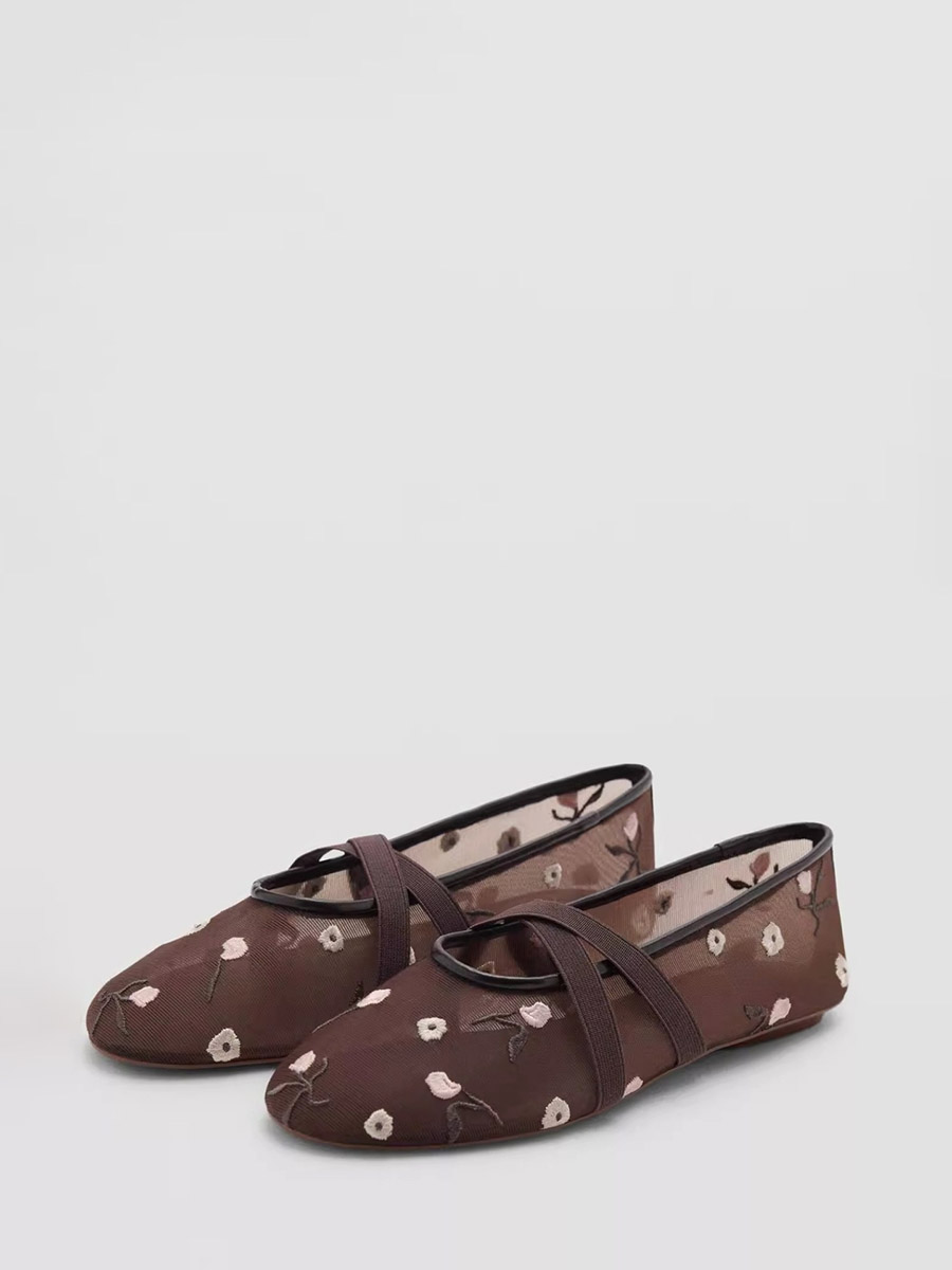 Women’s Mesh Floral Embroidered Crisscross Elastic Strap Round Toe Flats Ballet (2)