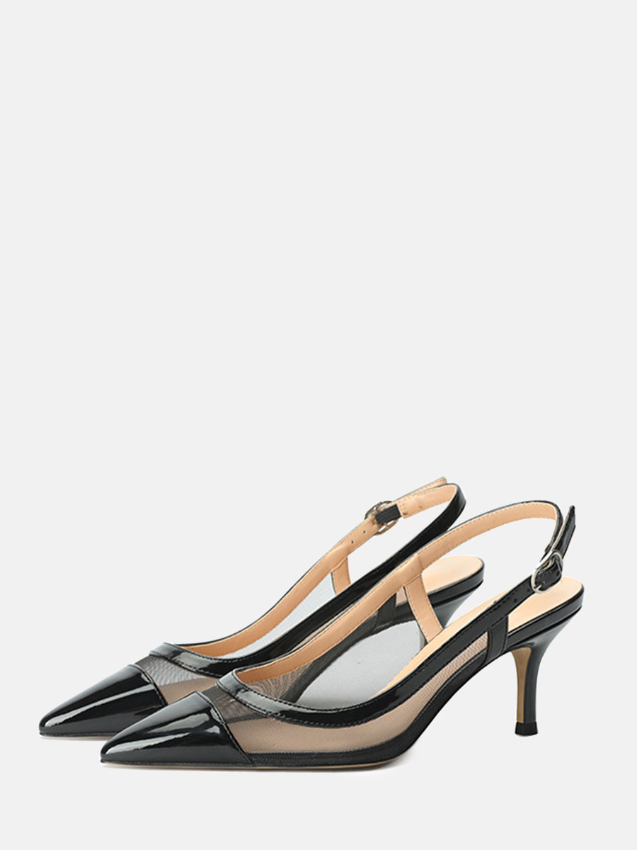 Women’s Patent Leather Mesh Slingback Buckle Pointed Toe Stiletto Heels (2)