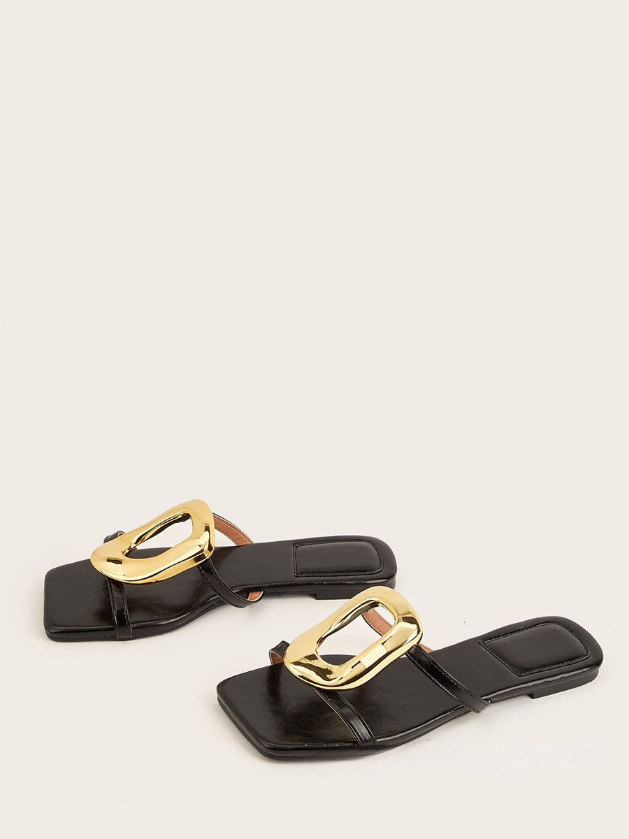 Women’s Patent Leather Metal Buckle Square Toe Flat Heels Slide Sandals (2)