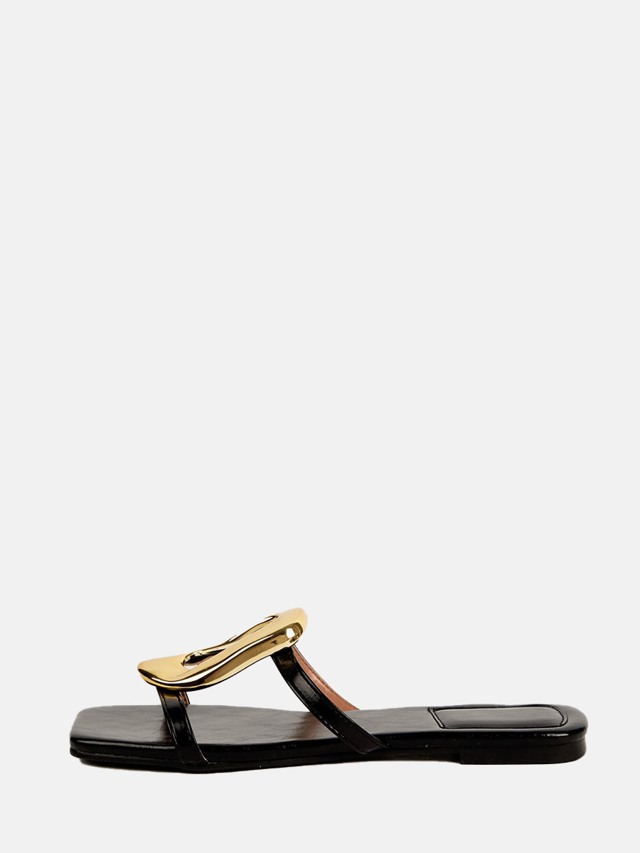 Women’s Patent Leather Metal Buckle Square Toe Flat Heels Slide Sandals