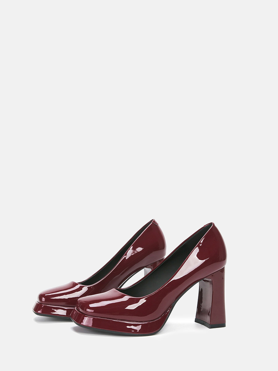 Women’s Patent Leather Platform Square Toe Block Heels Pumps