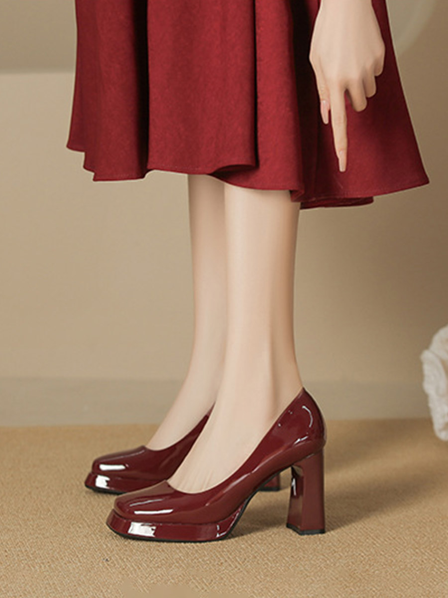 Women’s Patent Leather Platform Square Toe Block Heels Pumps (4)