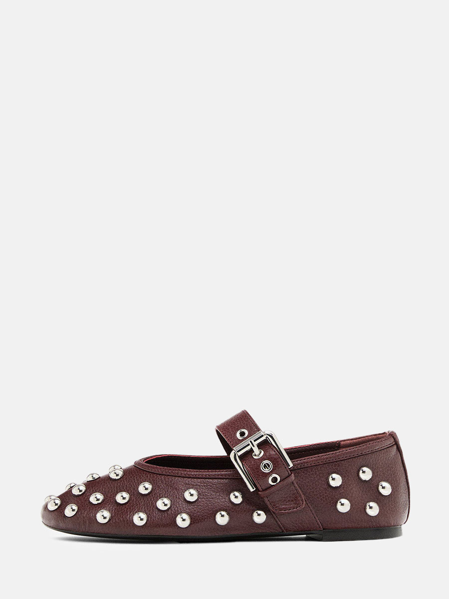Women’s Pebbled Microfiber Studded Buckle Mary Jane Ballet Flats in Wine Red