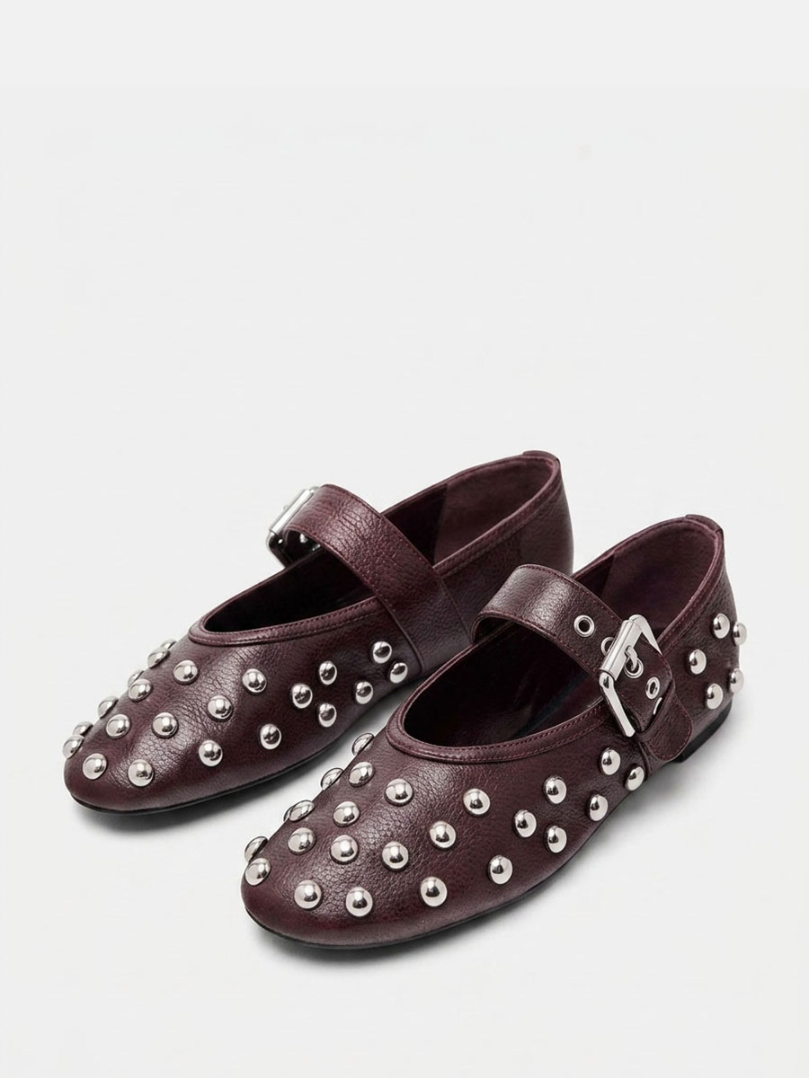 Women’s Pebbled Microfiber Studded Buckle Mary Jane Ballet Flats (2)