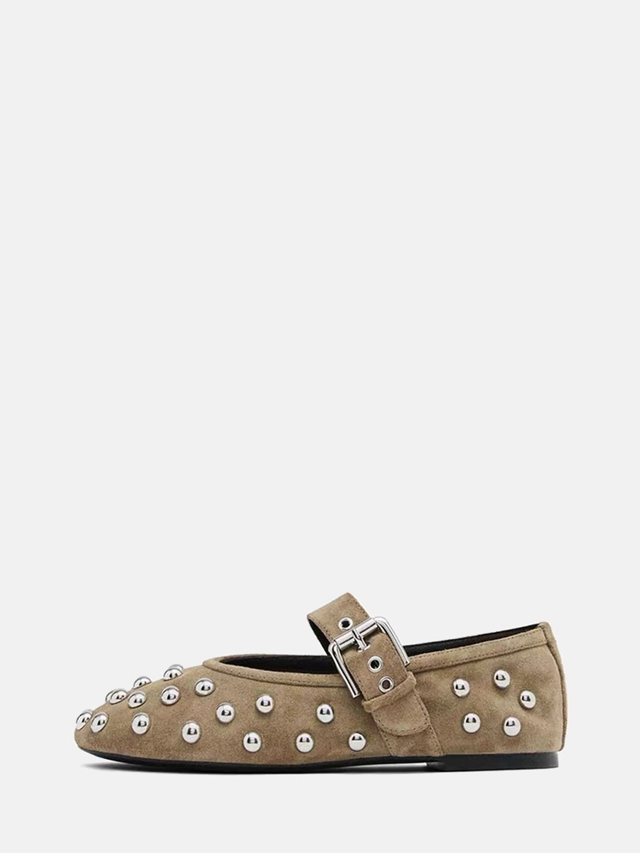 Women’s Suede Khaki Microfiber Studded Buckle Mary Jane Ballet Flats