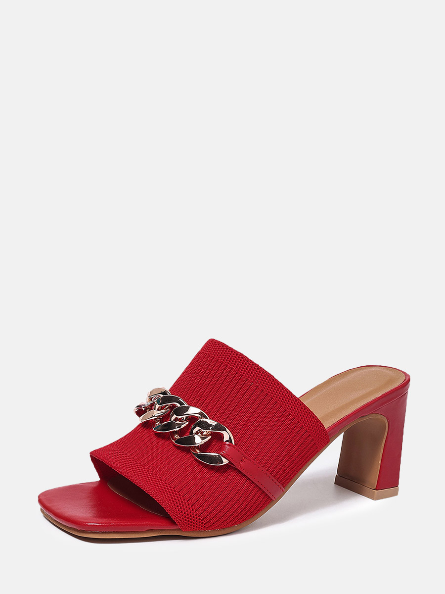 Women’s Red Knit Fabric Chain Detail Square Toe Block Heels Mule Sandals
