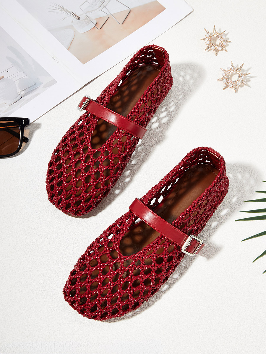 Women’s Red Woven PU Buckle Cut-out Mary Jane Ballet Flats (6)
