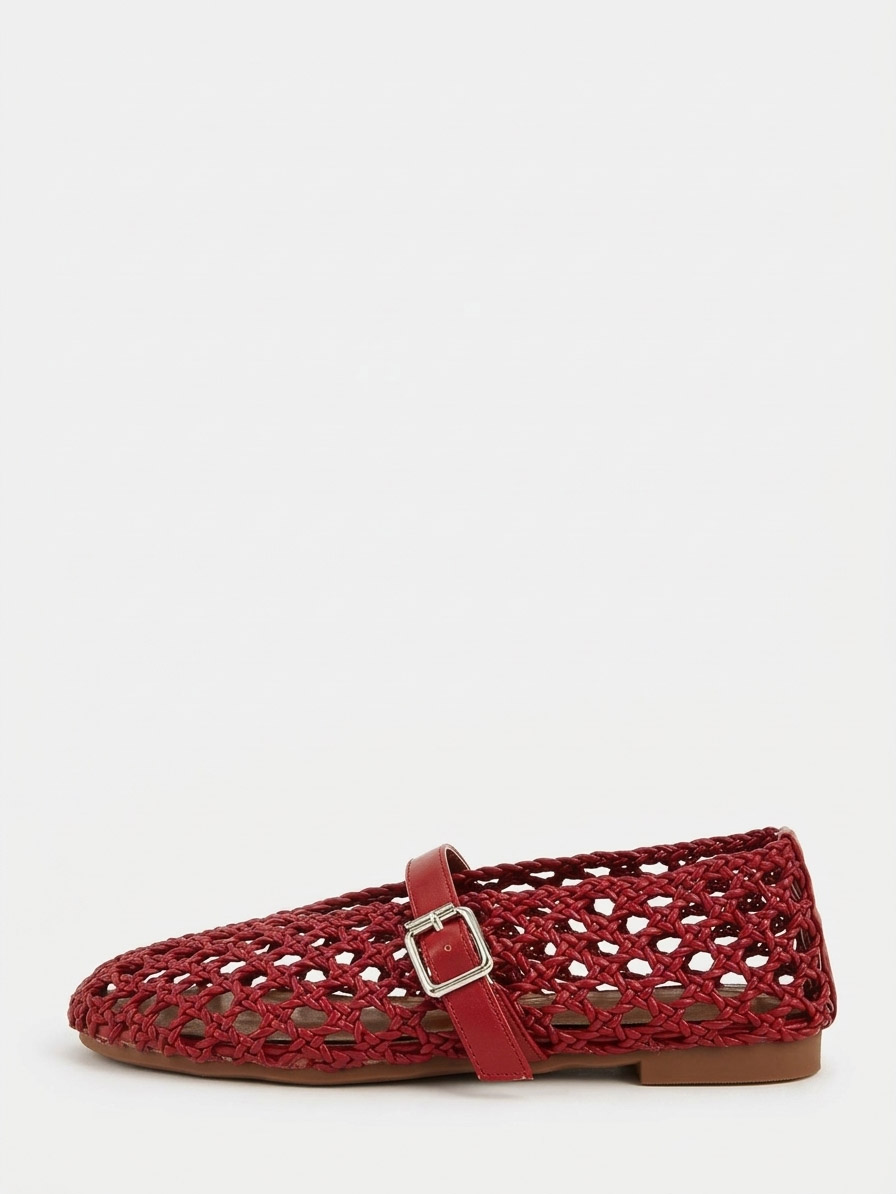 Women’s Red Woven PU Buckle Cut-out Mary Jane Ballet Flats