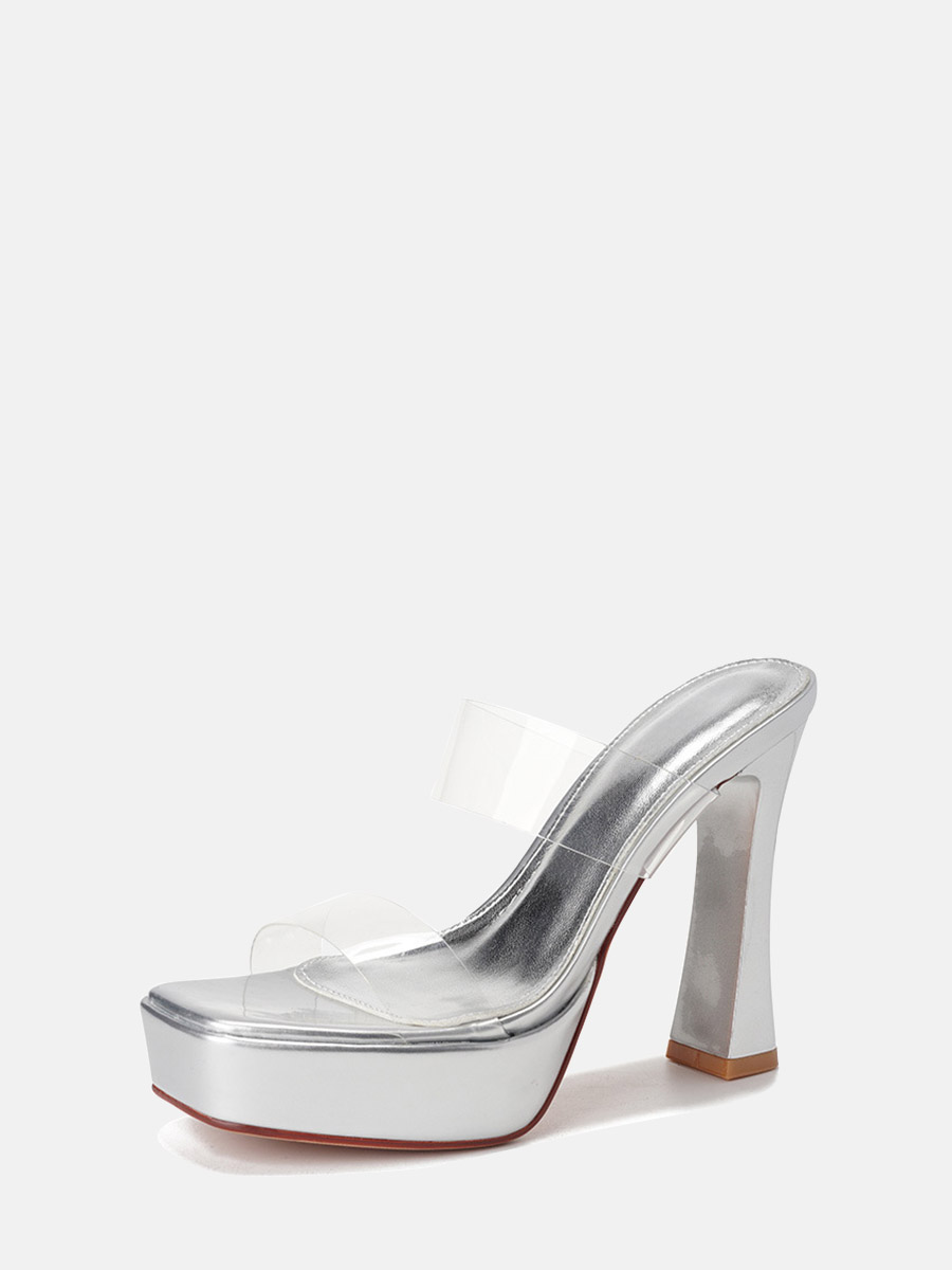 Women’s Silver PU Clear Strap Platform Square Toe Block Heels Sandals